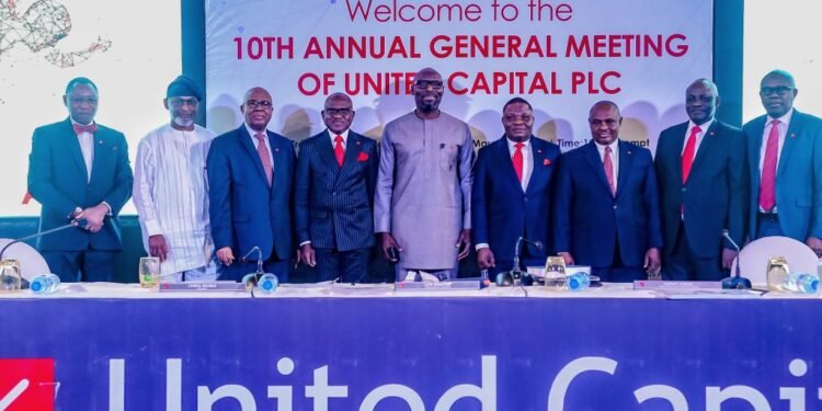 *L-R: Sir Leo Okafor, Company Secretary, United Capital Plc; Mr Oluleke Ogunlewe, Non-executive Director, United Capital Plc; Mr Emmanuel Nnorom, Non-executive Director, United Capital Plc; Mr Peter Ashade, Group Chief Executive Officer, United Capital Plc; Prof. Chika Mordi, Chairman (Non-executive Director), United Capital Plc; Mr Sunny Anene, Deputy Group Chief Executive Officer, United Capital Plc; Sir Stephen Nwadiuko, Independent Non-executive Director, United Capital Plc; Mr Oladipupo Fatokun, Independent Non-executive Director, United Capital Plc; and Mr Sunny Iroche, Independent Non-executive Director, United Capital Plc.