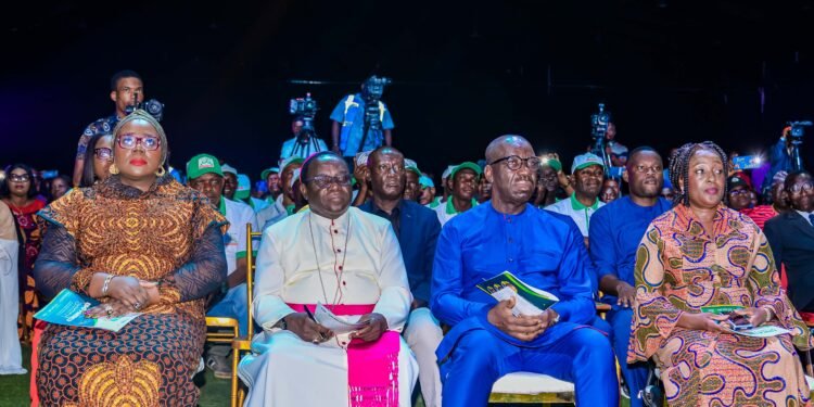*Edo State Governor, Mr. Godwin Obaseki (s2nd right), his wife, Mrs. Betsy (right); Catholic Bishop of Sokoto Diocese, Mathew Hassan Kukah (2nd left), and Edo State Commissioner for Education, Dr. Joan Osa-Oviawe (left), at the Maiden Edo Parents’ Summit, held in Benin City, on Saturday, April 29, 2023.