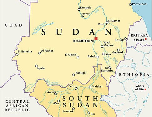 Political map of Sudan and South Sudan with capitals Khartoum and Juba, with national borders, most important cities, rivers and lakes. Vector illustration with English labeling and scaling.