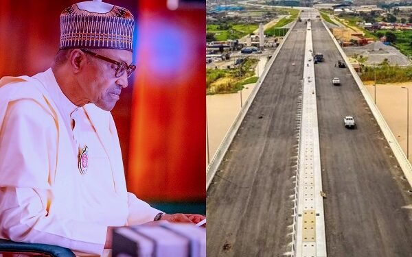 *A photo combination of President Muhammadu Buhari and the second Niger bridge