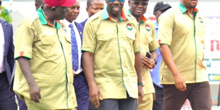 *L-R: Chairman, Edo State Chapter of the Nigeria Labour Congress, Chief Odion Olaiye; Edo State Governor, Mr. Godwin Obaseki; his Deputy, Rt. Hon. Comrade Philip Shaibu, Speaker, Edo State House of Assembly, Rt. Hon. Marcus Onobun, at the 2023 May Day celebration, in Benin City, on Monday, May 1, 2023.