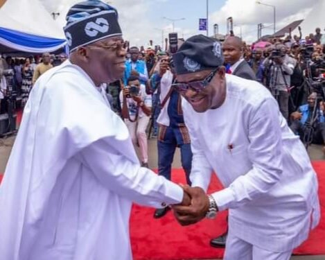 *L-R: President-elect Bola Tinubu in a warm handshake with Rivers State Governor, Nyesom Wike during the former's visit to Rivers recently.