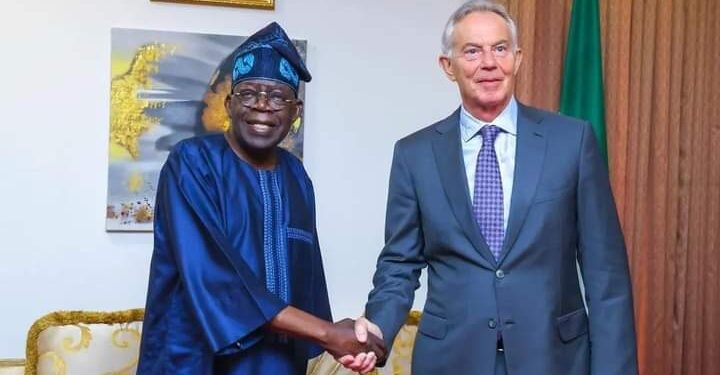 *L-R: Bola Tinubu in a warm handshake with Tony Blair on Tuesday May 23, 2023.