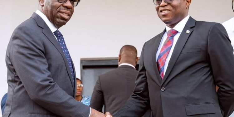 *Edo State Governor, Mr. Godwin Obaseki (left) new Acting Chief Judge of Edo State, Hon. Justice Daniel Iyobosa Okungbowa, after his swearing-in at the Government House in Benin City, on Friday, May 19, 2023.