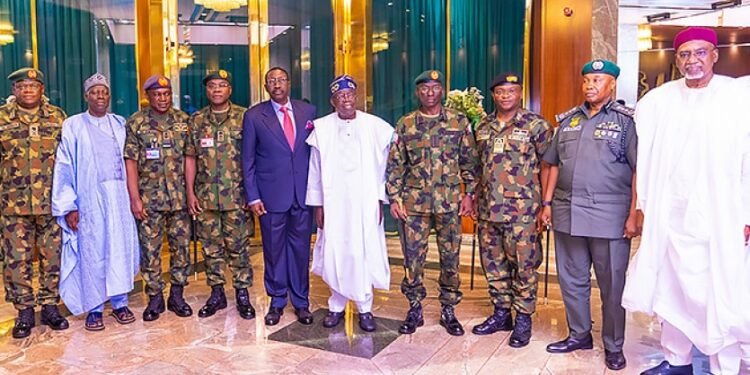 •President Bola Tinubu (centre) with Nigeria’s service chiefs and heads of intelligence agencies at the State House in Abuja on June 1, 2023. 
Photo Credit: President’s Personal Photographer, Nosa Asemota.