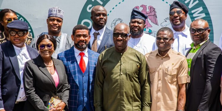 •L-R (front row): Member representing Oredo East Constituency, Edo State House of Assembly (EDHA), Hon. Uyi Frank Omosigho; Deputy Speaker, EDHA, Hon. Marie Edeko; Speaker, EDHA, Rt. Hon. Blessing Agbebaku; Edo State Governor, Mr. Godwin Obaseki; his Deputy, Rt. Hon. Comrade Philip Shaibu, and Chief of Staff to the Governor, Hon. Osaigbovo Iyoha, with other members of the 8th Assembly, during a courtesy visit, at the Government House, in Benin City, on Friday, June 16, 2023.