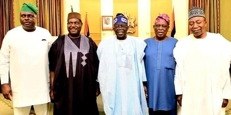 •L-R: James Ibori, George Akume, Bola Tinubu, Aremo Osoba and Adamu Aliero at the Presidential Villa, Abuja, on Friday. [PHOTO CREDIT: Nosa Asemota, Personal Photographer to the President]