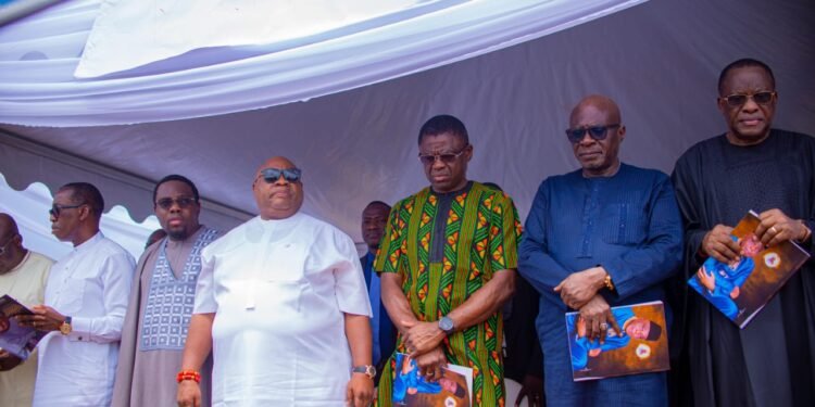 Philip Shaibu (3rd right), Ademola Adeleke (4th right) and Ifeanyi Okowa (2nd left) during the burial ceremony of Chief Raymond Dokpesi on Thursday 22nd June in Agenebode, Edo State.