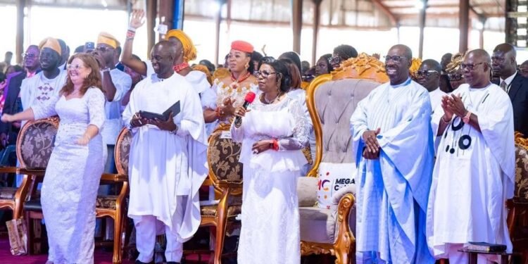 •R-L: Delta State Deputy Governor, Sir Monday Onyeme; Edo State Governor, Mr. Godwin Obaseki; Archbishop Margret Benson Idahosa; Bishop Faith Emmanuel Benson Idahosa, and his wife, Mrs. Laurie, during a thanksgiving service at the Mega Convention 2023 and in celebration of the 80th birthday of Archbishop Margaret Idahosa, in Utesi Community, Ikpoba-Okha Local Government Area of the State, on Sunday, July 30, 2023.