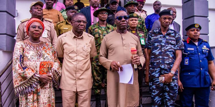 •L-R: Director, Edo State Command of the Department of State Service, Clara Olika; Edo State Deputy Governor, Rt. Hon. Comrade Philip Shaibu; Governor Godwin Obaseki; Edo State Commissioner of Police, Mohammed Adamu Dankwara; Edo State Commandant, Nigerian Security and Civil Defence Corps, Commandant Dan Samuel Okon, after the monthly Security Council meeting, held at the Government House, in Benin City.