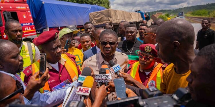 •Philip Shaibu addresses journalists during an inspection to the Ovia River on Monday