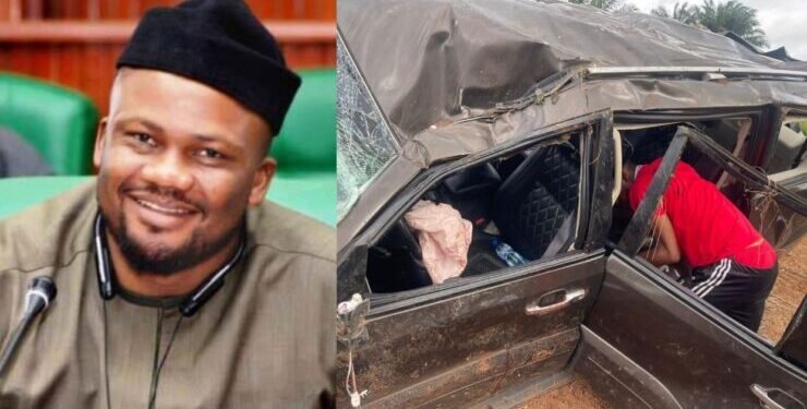 •Photo combination of Marcus Onobun and a wreckage of his vehicle involved in the auto crash