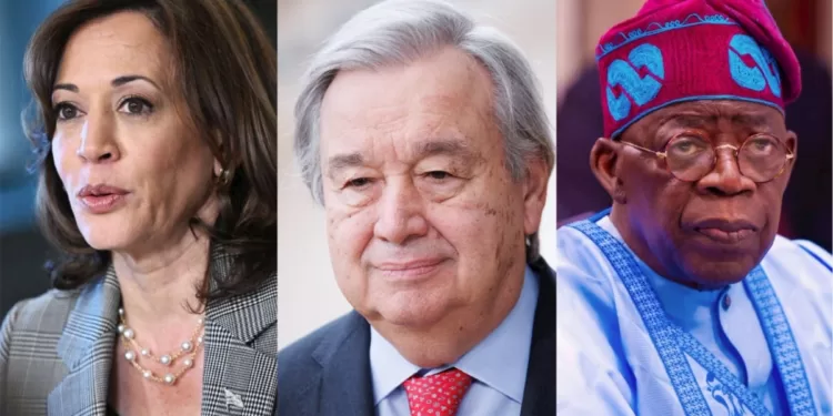 * R-L: President Bola Tinubu, UN Sec-Gen Antonio Guterres and US VP Kamala Haris