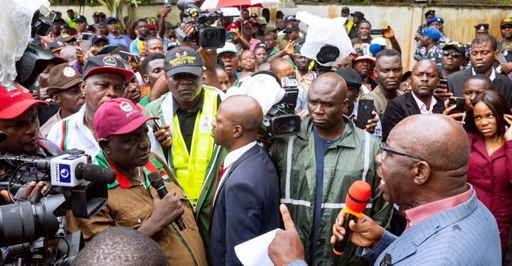 •Edo State Governor, Mr. Godwin Obaseki (right) addressing labour unions led by Chairman, Edo State Chapter of the Nigeria Labour Congress (NLC), Comrade Odion Olaye, during a peaceful protest, at the Government House, Benin City, on Wednesday, August 2, 2023.