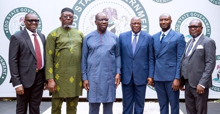 •L-R: Commissioners-designate: Osilama Okuofo; Zubairu Dada Abubakar; Edo State Governor, Mr. Godwin Obaseki; Secretary to the State Government, Osarodion Ogie Esq.; other Commissioners-designate Ogbeide Ifaluyi-Isibor, and Asi Surajo Jubril, after the swearing-in of the commissioners at the Government House, Benin City, on Friday, August 25, 2023.