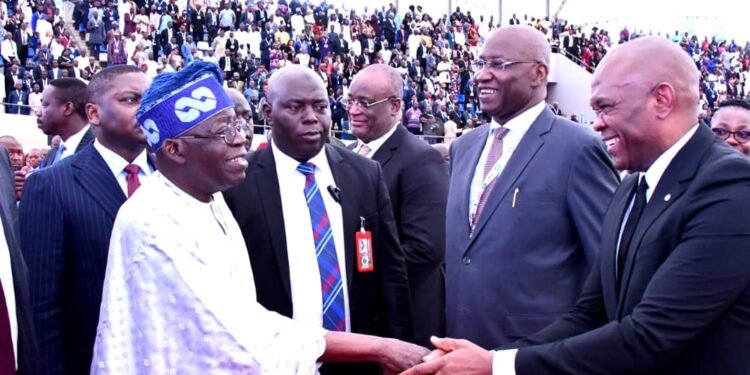 *President Bola Ahmed Tinubu,Former Secretary to the Government of Federation,Bar Boss Mustapha and Tony Elumelu,during 63rd Annual General Conference Of Nigeria Bar Association, (NBA),at Capital City, Abuja.