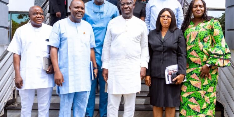 •L-R: Members of the Special Intervention, Engr. Yusuf Mohammed; Comrade Austin Osakwe; Edo State Governor, Mr. Godwin Obaseki; members of the SIT: Prof. Esther Ikuoria, and Mrs. Imoh Okundaye, after a meeting, at the Government House, in Benin City.