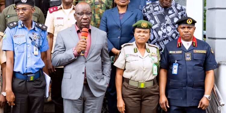 •L-R: Edo State Commissioner of Police, Muhammad Dankwara; Edo State Governor, Mr. Godwin Obaseki; Controller of Corrections, Edo State Command, Correctional Service, Philomena Emehinola Esq, and Edo State Commandant, Nigerian Security and Civil Defence Corps, Commandant Dan Samuel Okon, after the State Security Council meeting at the Government House, in Benin City, on Thursday, August 31, 2023.