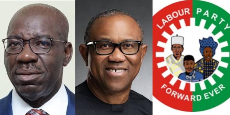 •Photo combination of Gov Godwin Obaseki, Peter Obi and Labour Party logo