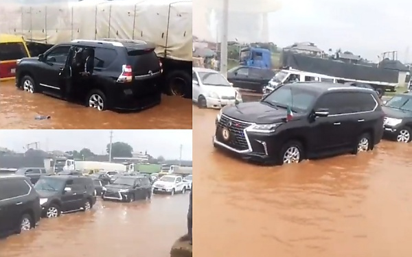 *A Nigerian governor, Godwin Obaseki and his convoy, stuck in failed portions of a federal road in Benin City, Edo Sate