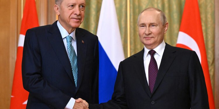 *Russian President Vladimir Putin shakes hands with Turkish President Tayyip Erdogan during a meeting in Sochi, Russia, September 4, 2023. Sputnik/Sergei Guneev/Pool via REUTERS