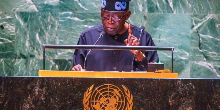 *President Bola Tinubu of Nigeria deliverying his address at UNGA 78 in New York, U.S.