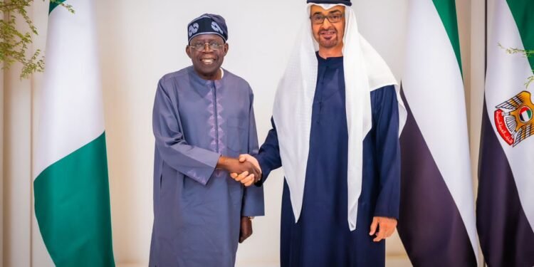 **President Bola Tinubu (l) and the President of the United Arab Emirates, Mohamed bin Zayed Al Nahyan (r).