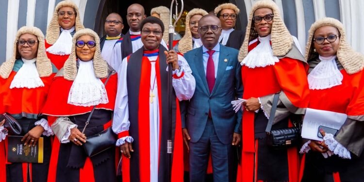 *Lagos State Governor, Mr Babajide Sanwo-Olu (third right); Bishop of Lagos Diocese, Rt. Rev. Ifedola Okupevi (third left) and honorable Judges during a church thanksgiving service to mark the commencement of 2023/2024 New Legal Year at The Cathedral Church of Christ, Marina, on Monday, 25 September, 2023.