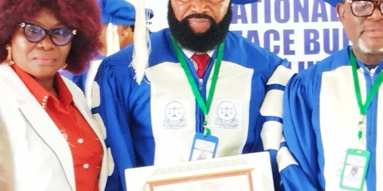 *L-R: Mrs Caroline Isioma Omoregbe, Dr. Fred Omoregbe (JP) and Prof. John N. Nwawuogor at the investiture of Dr. Omoregbe with an honorary doctorate degree by ICOBAC Centre for Peace Advocacy and Conflict Management, an affiliate of the Conflict and Peace Institute, Australia.