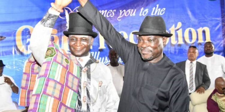 *The NDDC Managing Director, Chief Samuel Ogbuku, (left) celebrating with his brother, Barrister Jude Ogbuku, during a grand reception in his honour by the Ezue Obhan Anyama, in conjunction with the Council of Traditional Rulers in Ogbia Local Government Area of Bayelsa State.