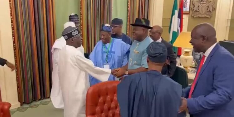 *Gov Douye Diri in handshake with President Bola Tinubu shortly after his (Tinubu's) Supreme Court victort over Atiku Abubakar of PDP...Thursday