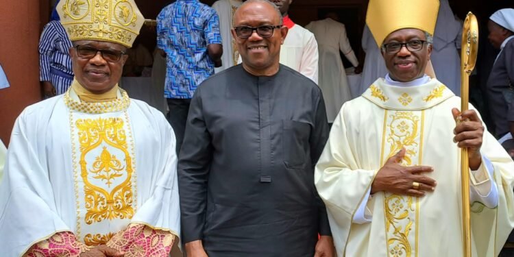 *L-R; Catholic Archbishop of Onitsha Archdiocese, Most Rev Valerian Okeke (left); Presidential Candidate of the Labour Party, Mr Peter Obi (middle); and the Papal Nuncio to Czech Republic, Archbishop Jude Thaddeus Okolo, (right) at the Nnewi during the 40th Priestly Anniversary Thanksgiving of Archbishop Okolo over the weekend.