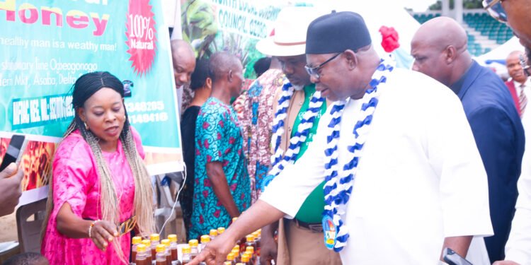 The Deputy Governor of Delta State, Sir. Monday Onyeme (right), making enquiries on the honey on display by Mrs Okuchi Nkechi( left) as he inspects exhibition stand during the  2023 World Food Day celebration in Asaba on Monday. With him are Commissioner for Agriculture and Natural Resources, Mr. Perez Omoun (2nd right). PIX: SAMUEL JIBUNOR