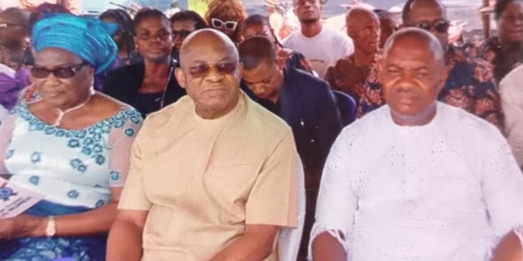*From Left: Wife of former Senate President, Helen Mark; Senate President, David Mark and his Chief Press Secretary, Paul Mumeh, during the burial of Catherine Iyoho Mumeh in Igbogili, Abavo in Ika South Local Government Area of Delta State on...Friday