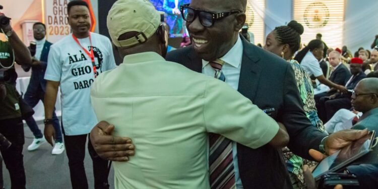 **Edo State Governor, Mr. Godwin Obaseki (left), and Senator representing Edo North Senatorial District and former Governor of Edo State, Comrade Adams Oshiomhole, during the 2023 Alaghodaro Investment Summit held as part of celebration of the 7th year anniversary of the Governor Godwin Obaseki-led administration.