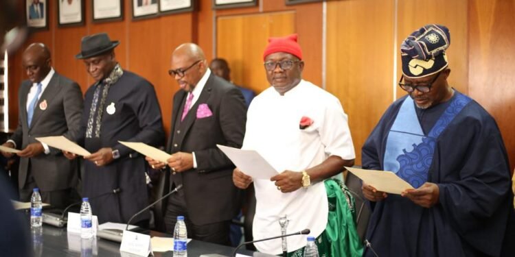 *L-R: Chairman Governing Board of Niger Delta Development Commission, Mr. Chiedu Ebie. 
Managing Director/CEO, Chief Samuel Ogbuku, PhD, 
Executive Director, Finance and Administration, Alabo Hon. Boma Iyaye, 
Executive Director, Projects, Sir Victor Etim Antai and 
Executive Director, Corporate Services, Hon. Ifedayo Abegunde.