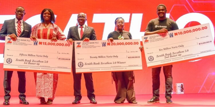 *L-R: Group Managing Director/CEO, Zenith Bank Plc, Dr. Ebenezer Onyeagwu (Centre) flanked from left by Executive Director, Zenith Bank Plc, Dr. Temitope Fasoranti; Founder, Skill up with Kahdsole (SUWK), Chioma Ukpabi; Co-founder, Sync, Princess Edokpayi, and Co-founder/CEO, Tribapay, Bolu Oluwagbesan during the presentation of cash prizes to the winners of the Zecathon at the Zenith Tech Fair 3.0 held at Eko Convention Centre, Eko Hotels & Suites, Victoria Island, Lagos, yesterday.