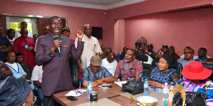 *Frontline governorship aspirant of the Peoples Democratic Party (PDP) and former Chairman of Sterling Bank Plc, Dr. Asue Ighodalo, addressing PDP leaders of Edo South Senatorial District, during a meeting in Benin City, on Friday, December 29, 2023.