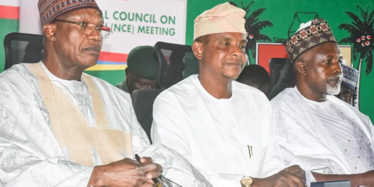 *From left, Minister of Education, Prof. Tahir Mamman; Commissioner for Basic & Secondary Education, Representing Lagos State Governor, Mr Jamiu Alli-Balogun and Minister of State for Education, Dr Yusuf Sununu at the 67th National Council on Education (NCE) Meeting in Lagos on Thursday (14/12/23).