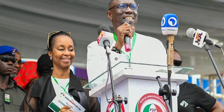 *Dr. Asue Ighodalo, Delivering his victory speech after the Edo PDP primary election, at the Lawn Tennis Court of the Samuel Ogbemudia Stadium, in Benin City, on Thursday, February 22, 2024.