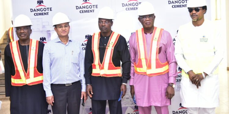 **Minster of State for Environment, Dr. Iziaq Salako (middle); Dangote Cement Ibese Plant Director, Azad Nawabuddin (2nd left); Dangote Senior General manager Special Duty Projects, Abdullaziz Kolo (left); Ogun state Commissioner for Environment, Ola Oresanya (2nd right) and Member of Ogun state House of Assembly, Hon. Adeyanju Adegoke (right), during the visit of Minister of State for Environment to Dangote Cement Ibese plant Ogun state 