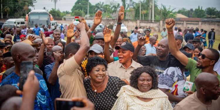 *Edo Deputy Governor, Philip Shaibu, acknowledging cheers from supporters after emerging winner of PDP guber Primary