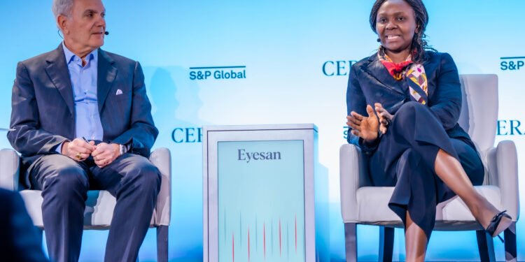 *NNPC Ltd’s Executive Vice President, Upstream, Mrs. Oritsemeyiwa Eyesan (r) speaking at a forum in Houston, Texas