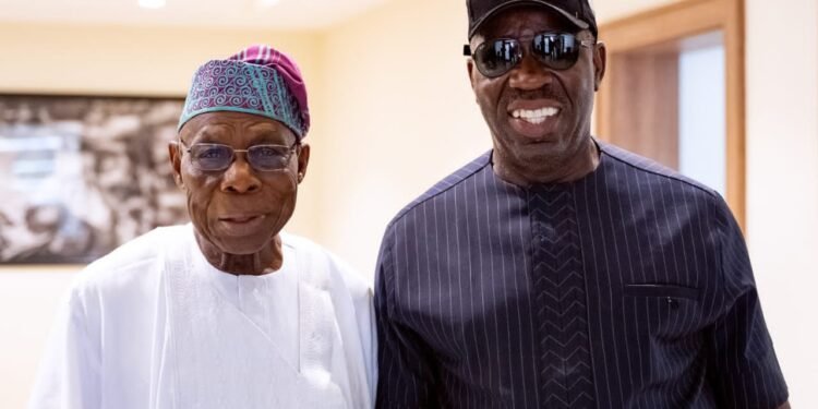Edo State Governor, Mr. Godwin Obaseki (right), former President Olusegun Obasanjo, during Obasanjo’s courtesy visit at the Government House, Benin City, Saturday, March 30, 2024.