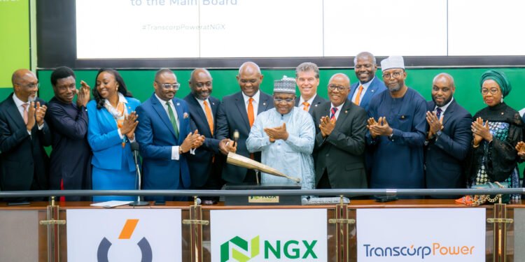 *L-R: Acting CEO, Nigerian Exchange (NGx) Limited, Jude Chiemeka; Managing Director/CEO, Transcorp Power Plc, Engr. Peter Ikenga; Group Chairman, Transcorp Plc, Mr. Tony Elumelu; Chairman, Nigerian Exchange Group, Dr. Umaru Kwairanga; Non-Executive Director, Transcorp Power Plc, Peter Hertog; Chairman, Transcorp Power Plc, Mr. Emmanuel Nnorom; Chief Financial Officer, Transcorp Plc, Evans Okpogoro;  Non-Executive Director, Transcorp Power Plc, Risqua Muhammed;, during the Facts Behind the Listing and Closing Gong Ceremony of Transcorp Power Plc to commemorate the Listing by Introduction of 7,500,000,000 Ordinary Shares of 50 kobo each at N240.00 per share on Nigerian Exchange Limited today in Lagos