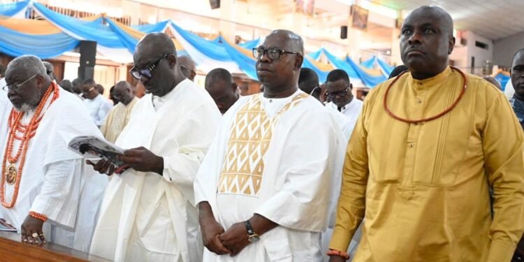 *L-R: Chieftain of the Peoples Democratic Party (PDP), High Chief Tom Ikimi; Edo State Governor, Mr. Godwin Obaseki; representative of Delta State Governor and Deputy Governor, Monday Onyeme, and former Governor of Delta State, James Ibori, during the 80th birthday thanksgiving of High Chief Tom Ikimi, in Benin City, Wednesday, April 10, 2024.