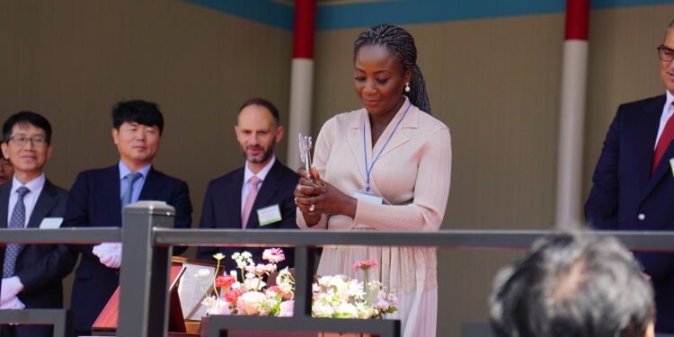 Mrs Olu Verheijen, the Special Adviser to the President on Energy and vessel's Sponsor Lady and Godmother, christens AKTORAS, an eco-friendly vessel chartered by Bonny Gas Transport Limited (BGT), a subsidiary of Nigeria LNG Limited (NLNG), in Mokpo, South Korea…on Friday.
