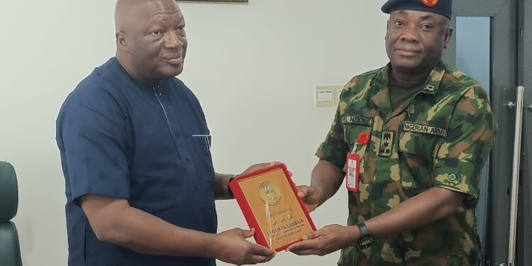 Representative of Edo State Governor and Secretary to the State Government, Osariodion Ogie Esq. (left), and Brig. Gen. Wiito Lucky Nzidu, during a courtesy visit by a team of senior army officers from the Army Headquarters on Sensitization and Advertisement Tour for Nigerian Army Regular Recruitment intake 87, at the Government House, Benin City.