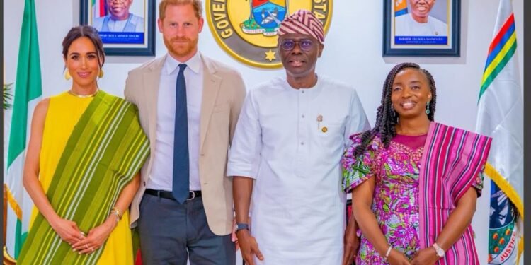 L-R: Duchess of Sussex, Meghan Markle; the Duke, Prince Harry; Governor of Lagos State, Babajide Sanwo-Olu and the First Lady, Dr. Ibijoke Sanwo-Olu during a courtesy visit by the Duke and Duchess at the Lagos House, Marina, on Sunday, May 12, 2024