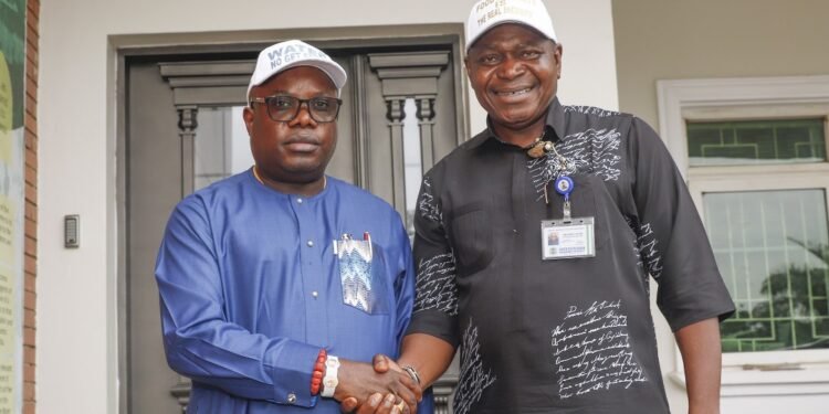 *L-R:  Administrator of the Presidential Amnesty Programme, Dennis Otuaro, PhD. and Prince Ebitimi Amgbare, Managing Director, Niger Delta Basin Development Authority, (NDBDA) during the Agency's courtesy visit to PAP office in Abuja on Monday 1st of July 2024.